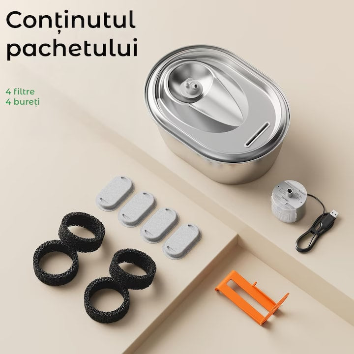 Dispenser apa automat tip fantana NextWave® pentru pisici si caini, cu fereastra mare pentru nivelul apei, purificare si filtrare prin carbune activ, otel inoxidabil 304, ultra-silentiosa, USB C, adaptor priza, model rotund, capacitate 2L, Argintiu