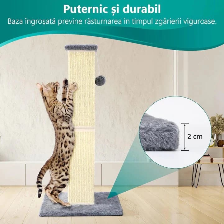 Ansamblu de joaca pentru pisici NextWave®, stalp pentru ascutit ghearelor, bila suspendata, confectionat din sisan natural, rezistent la zgarieturi, inaltime mare de 80cm pentru protectia mobilierului, gri