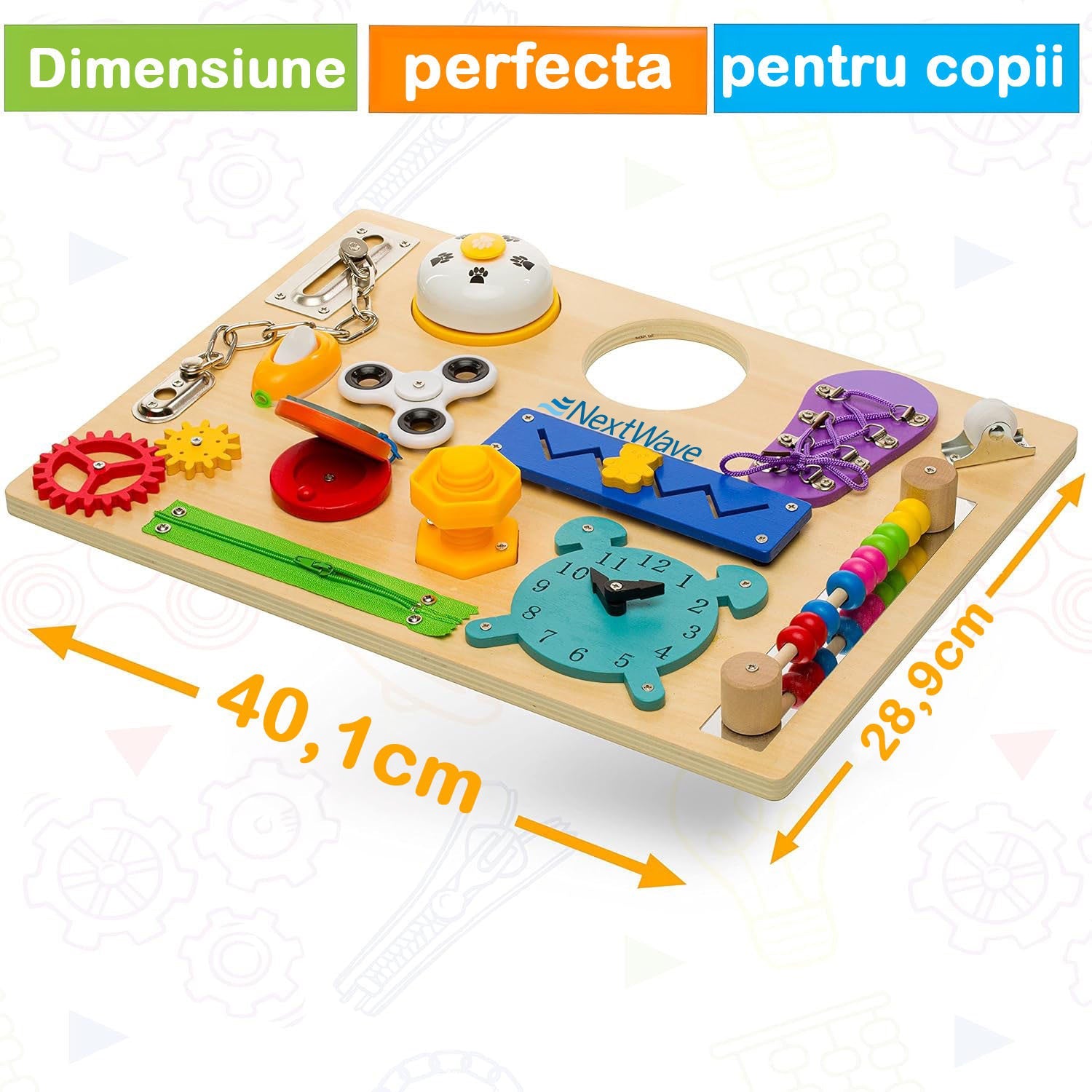 Placa senzoriala NextWave®, tabla de activitati Montessori din lemn cu 14 activitati educationale pentru invatarea abilitatilor motorii fine, jucarie de calatorie pentru copii pentru baieti si fete