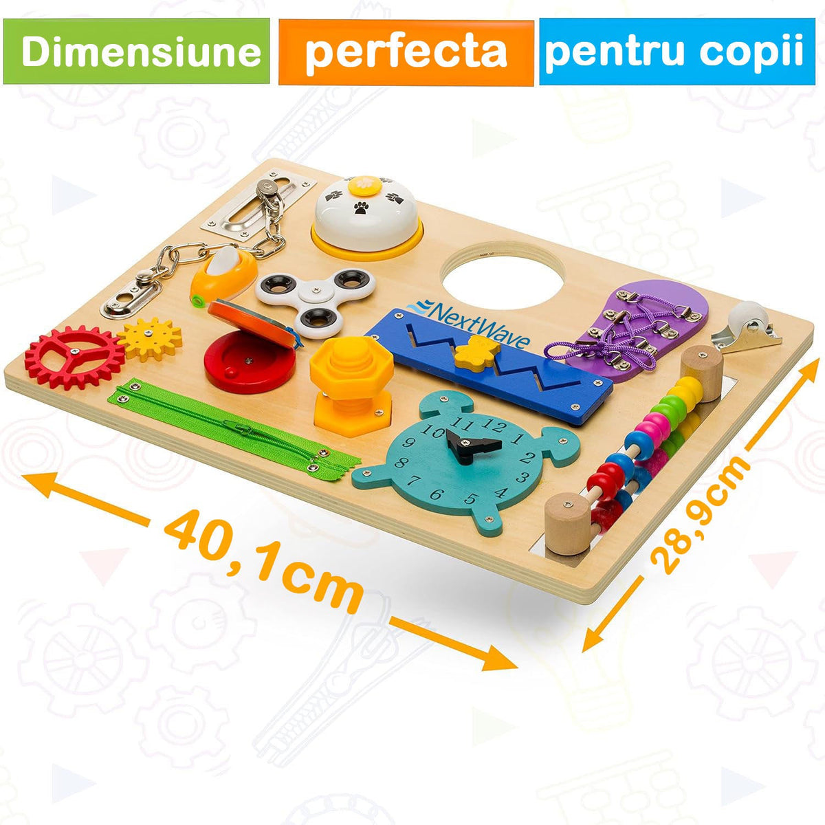 Placa senzoriala NextWave®, tabla de activitati Montessori din lemn cu 14 activitati educationale pentru invatarea abilitatilor motorii fine, jucarie de calatorie pentru copii pentru baieti si fete