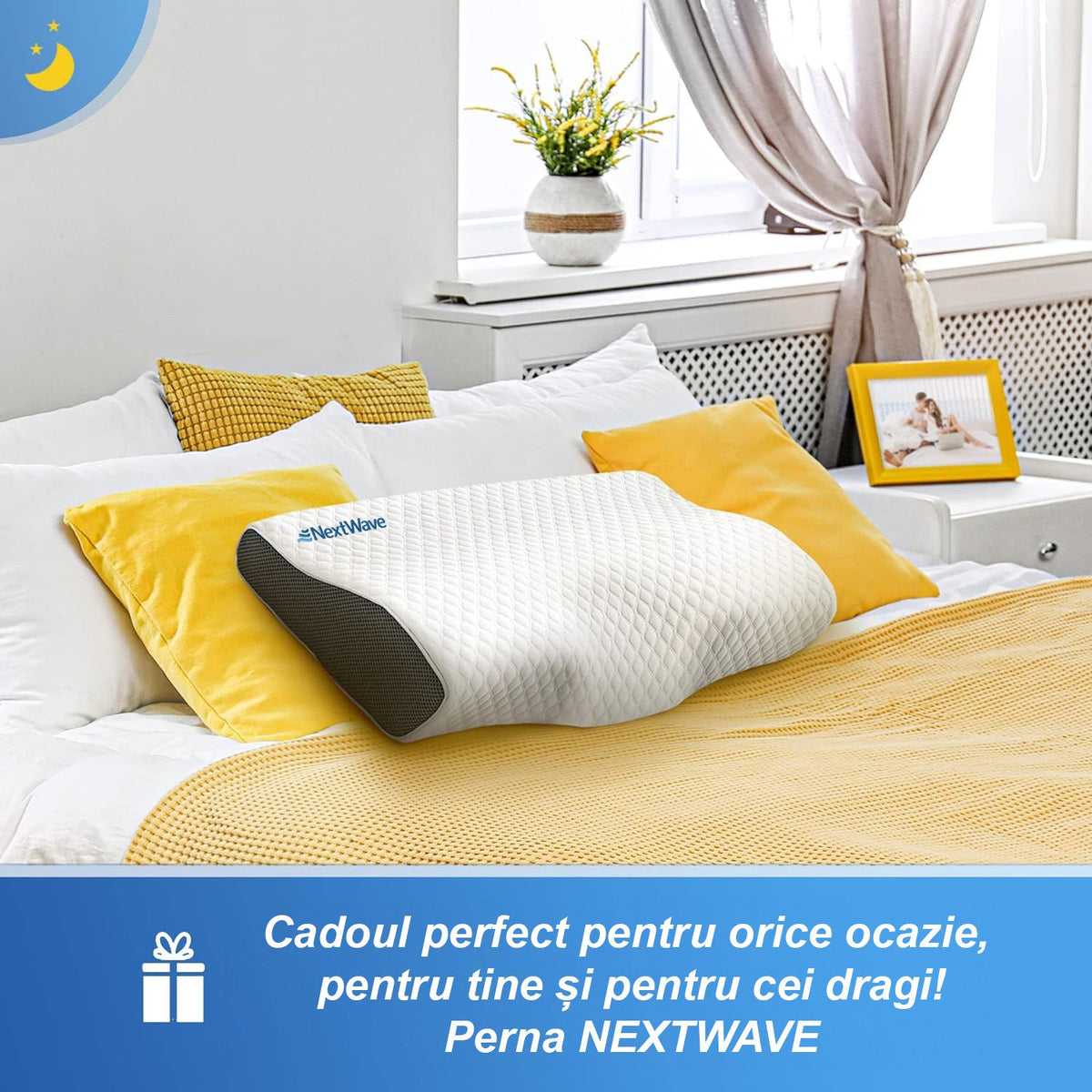 Perna ortopedica pentru dormit NextWave, Spuma cu Memorie ergonomica pentru Gat si Suport Cervical, Husa lavabila, Ideala pentru dormitul lateral, spate sau stomac, beneficii medicale