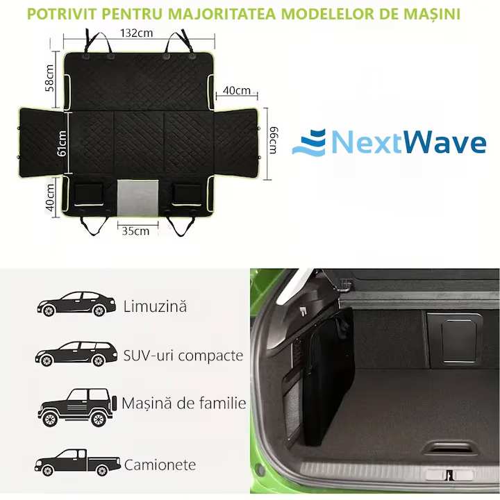 Husa scaune auto protectie si transport animale extinsa NextWave®️, insertie 3 placi pentru caini, pisici de toate taliile, rezistenta pana la 140 kg, ofera protectie bancheta spate autoturism, pat animale, Universala, Negru cu Verde