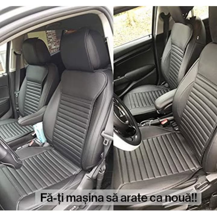 Set de 2 huse NextWave®️ pentru scaune auto, ofera protectie scaunelor din fata, universala, masina personala, taxi, ride sharing, antialunecare, material respirabil, pentru toate sezoanele, buzunare de depozitare, Piele PU, Negru