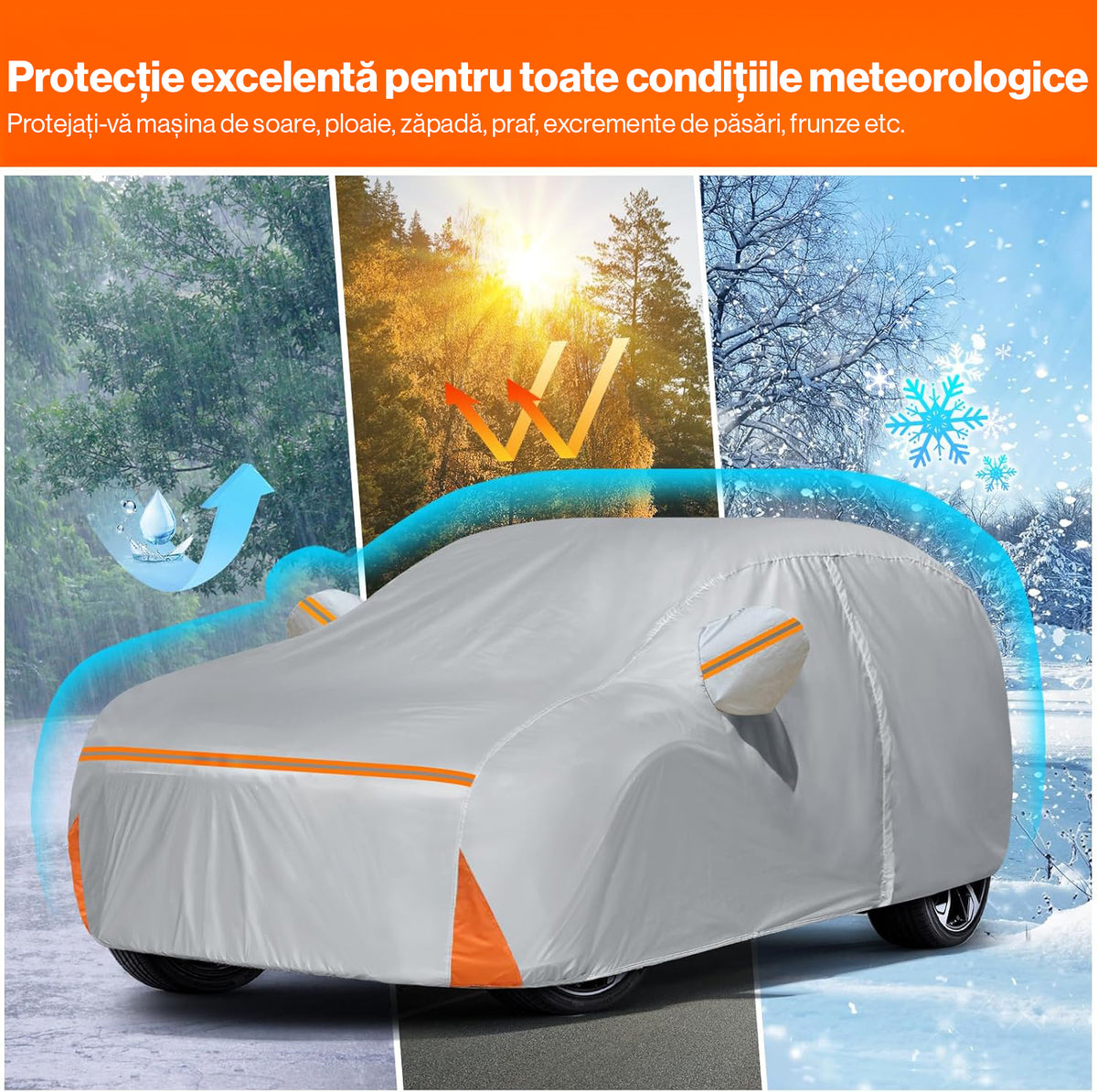 Prelata Auto Premium NextWave®️ PORTOCALIU, Impermeabila, Protectie UV, Praf, Zapada, Inghet, Universala pentru Sedan, Buzunare Oglinzi, Fermoar Usa Sofer, Material Premium, Husa Saculet Depozitare, Portocaliu