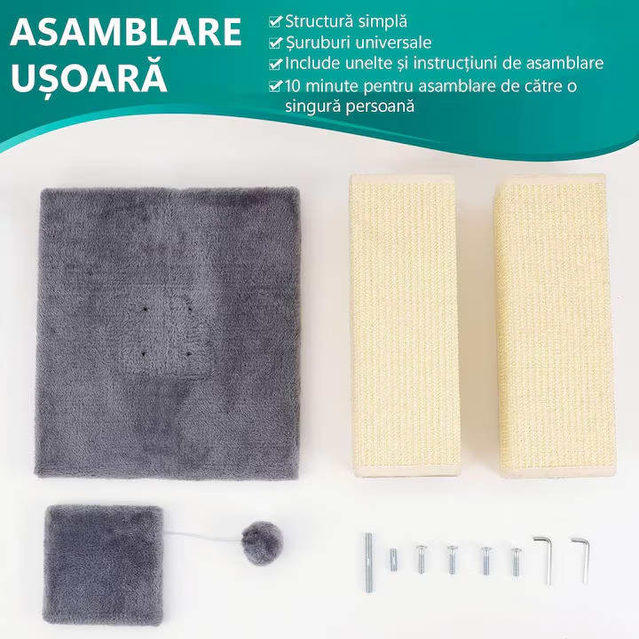 Ansamblu de joaca pentru pisici NextWave®, stalp pentru ascutit ghearelor, bila suspendata, confectionat din sisan natural, rezistent la zgarieturi, inaltime mare de 80cm pentru protectia mobilierului, gri