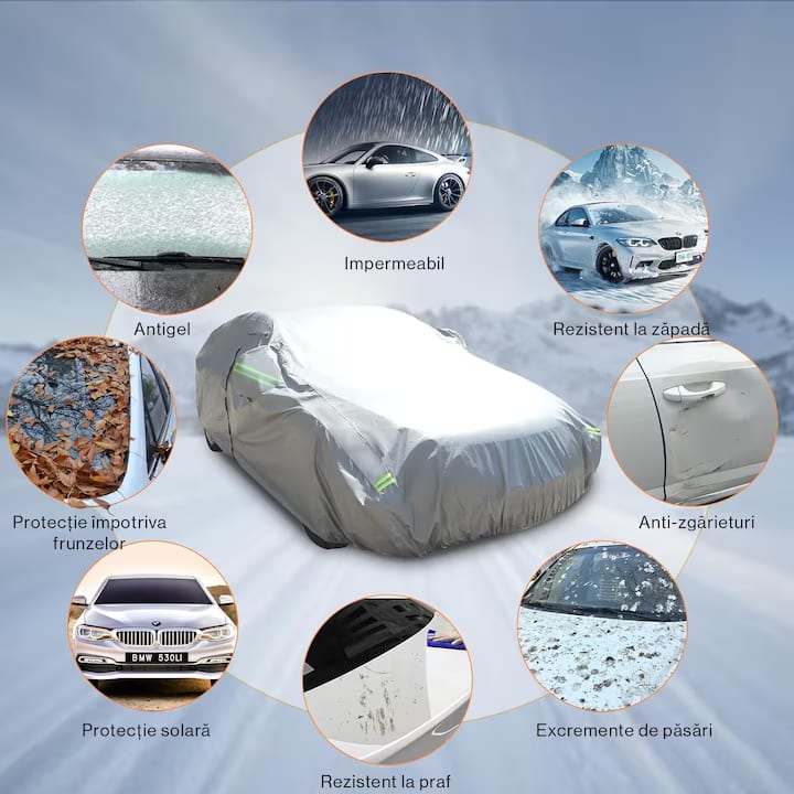 Prelata Auto Premium NextWave®️, Impermeabila, Protectie UV, Praf, Zapada, Inghet, Universala pentru Sedan, Buzunare Oglinzi, Fermoar Usa Sofer, Material Premium, Husa Saculet Depozitare
