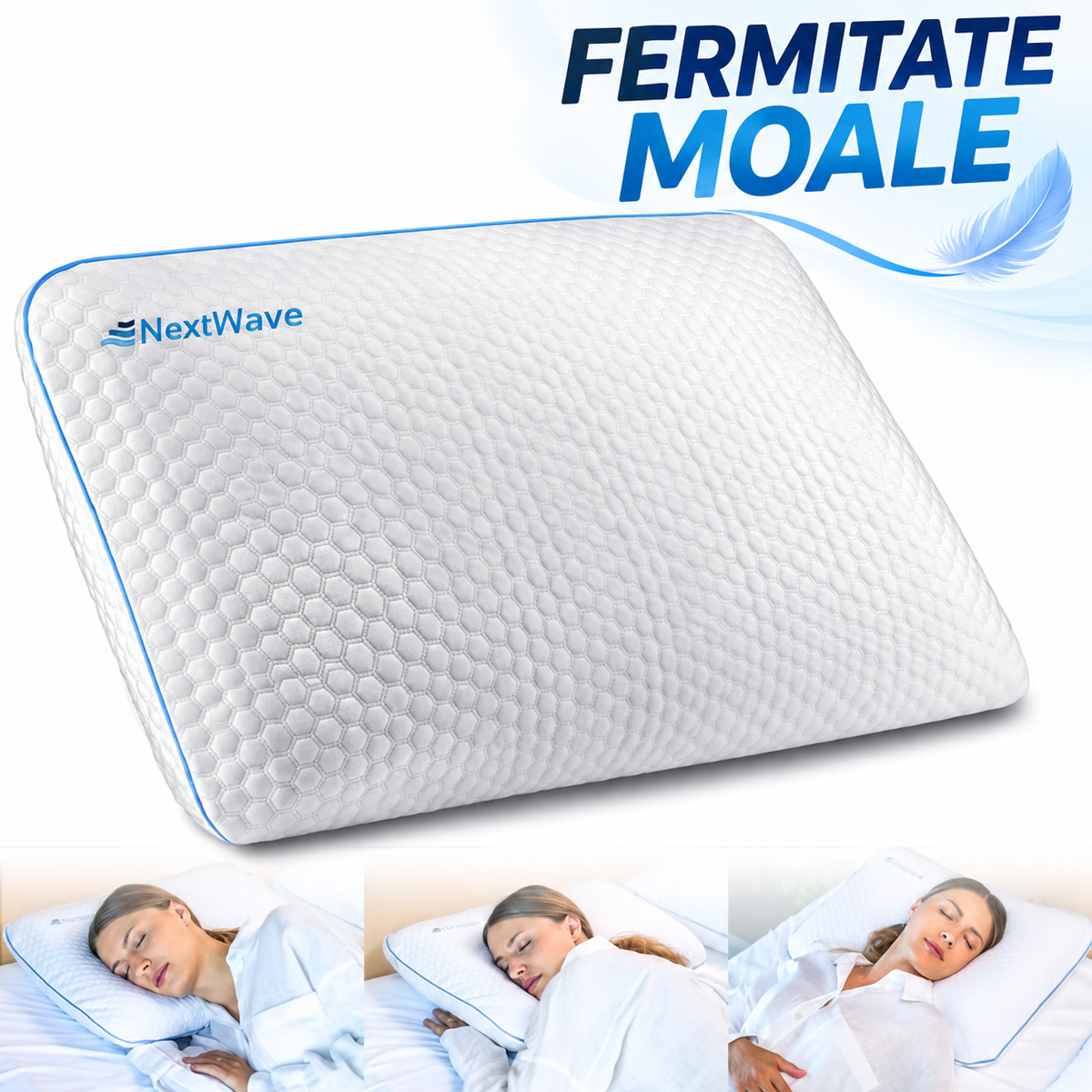 Perna ortopedica NextWave, Spuma cu Memorie, Husa detasabila cu 2 zone termice, 40x60cm, ergonomica pentru Gat si Suport Cervical, Ideala pentru dormitul lateral, spate sau stomac, foarte moale