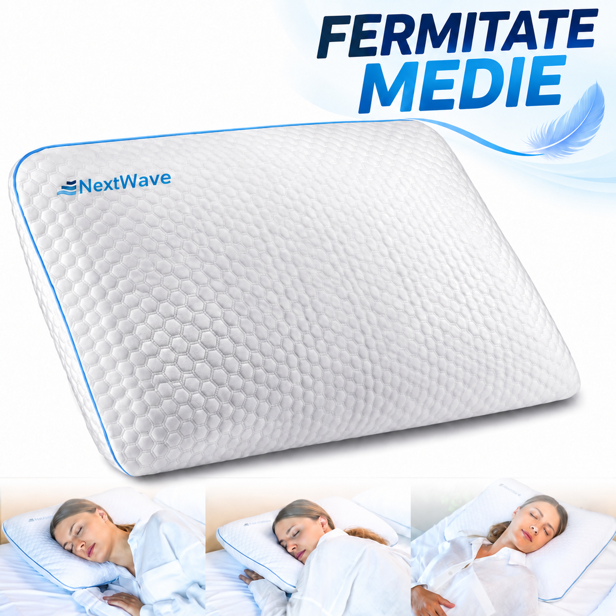 Perna ortopedica pentru dormit NextWave, Spuma cu Memorie cu gel ventilata, Husa detasabila cu 2 zone termice, ergonomica pentru Gat si Suport Cervical, Ideala pentru dormitul lateral, spate sau stomac