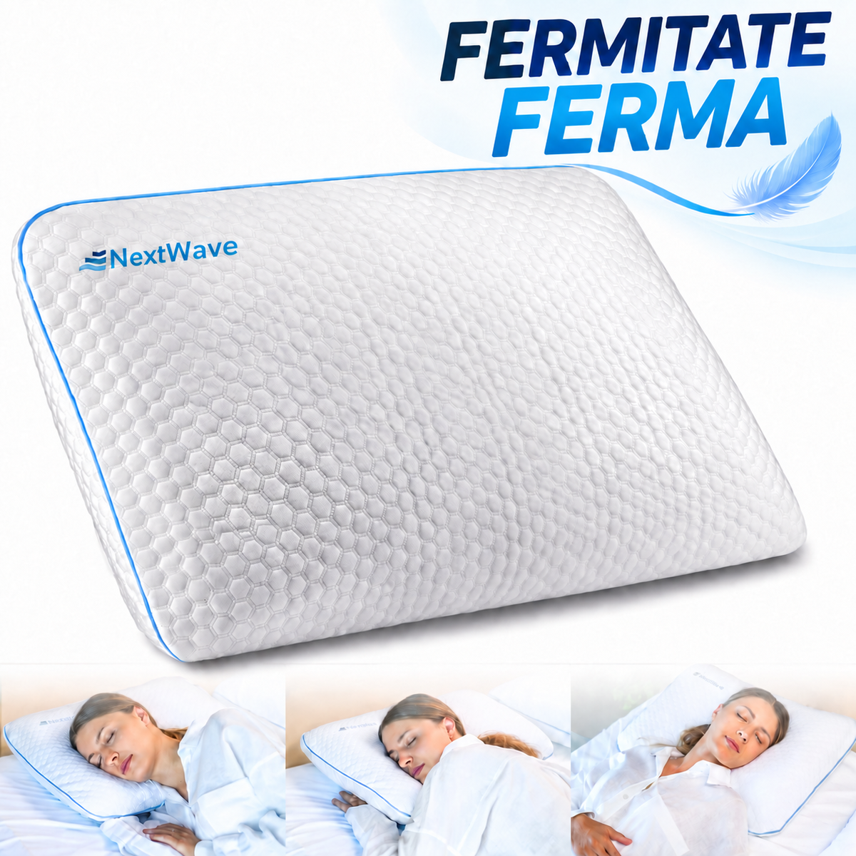 Perna ortopedica pentru dormit NextWave, Spuma cu Memorie cu gel ventilata, Husa detasabila cu 2 zone termice, ergonomica pentru Gat si Suport Cervical, Ideala pentru dormitul lateral, spate sau stomac, ferma