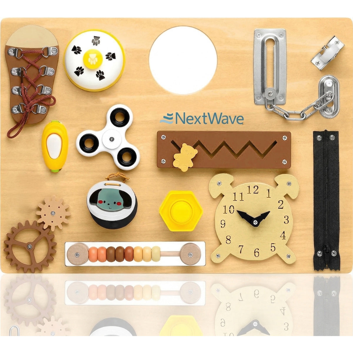 Placa educativa din lemn NextWave® tip Montessori – jucarie senzoriala cu 14 activitati interactive pentru stimularea