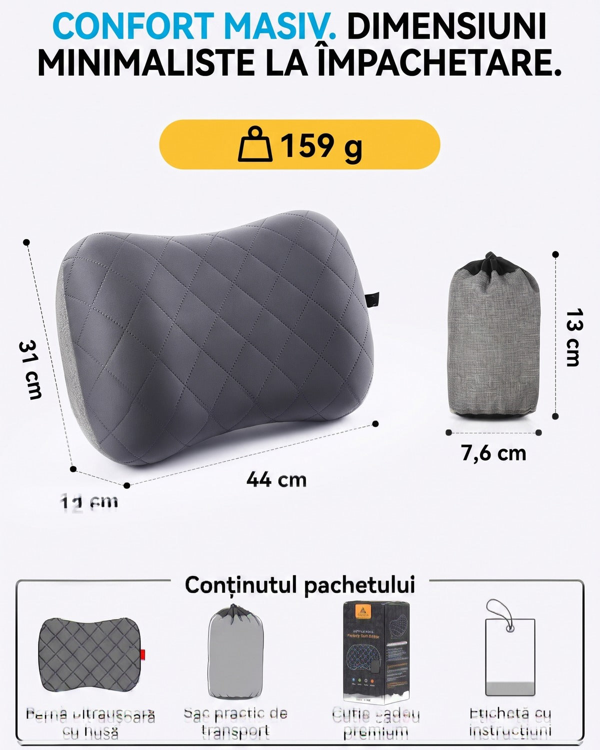 Pernă gonflabilă de camping NextWave®️, suport cervical ergonomic, supapă One-Click de umflare rapidă, bandă elastică – imaginea 10