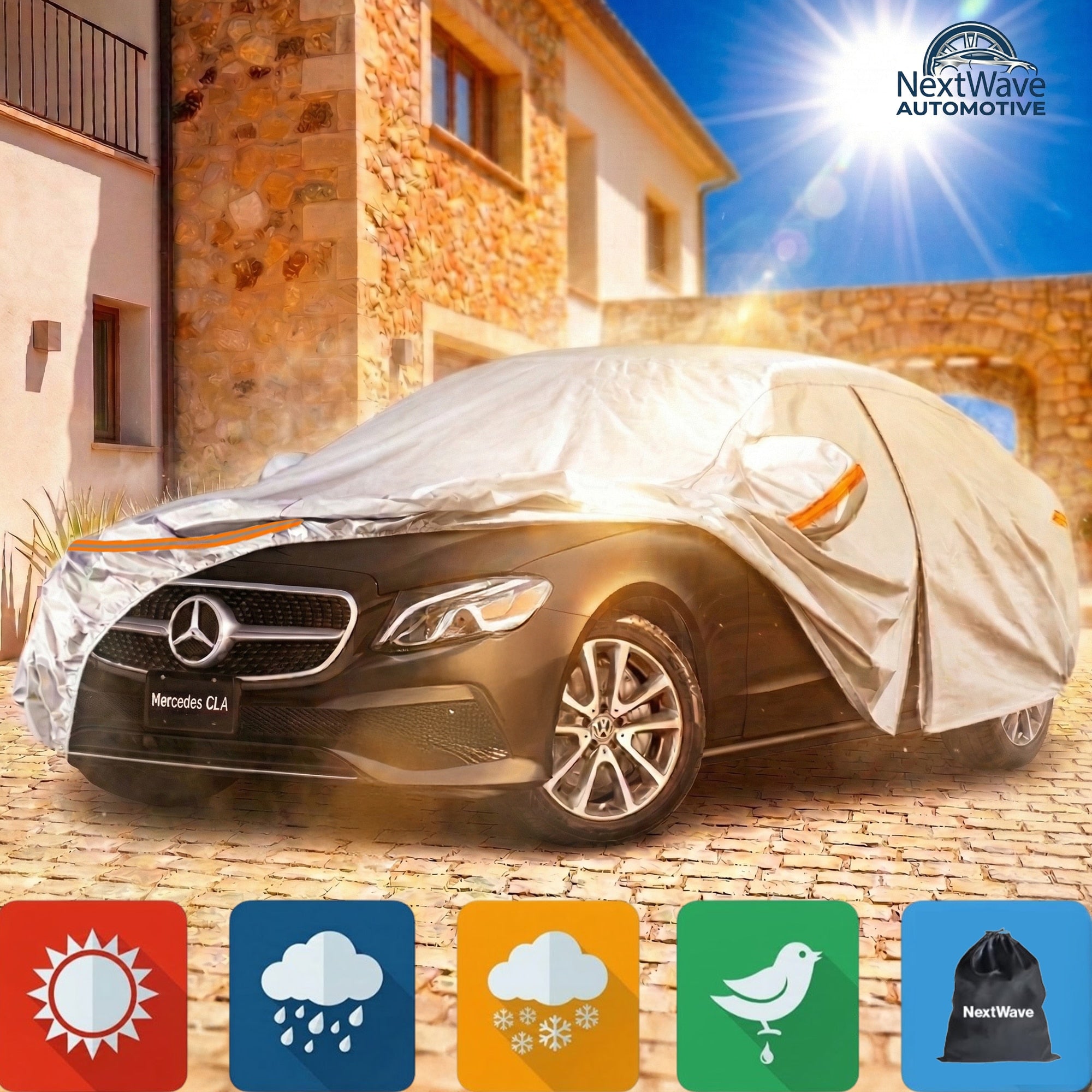 Prelata Auto Premium NextWave®️, Impermeabila, Protectie UV, Praf, Zapada, Inghet, Universala pentru Sedan, Buzunare