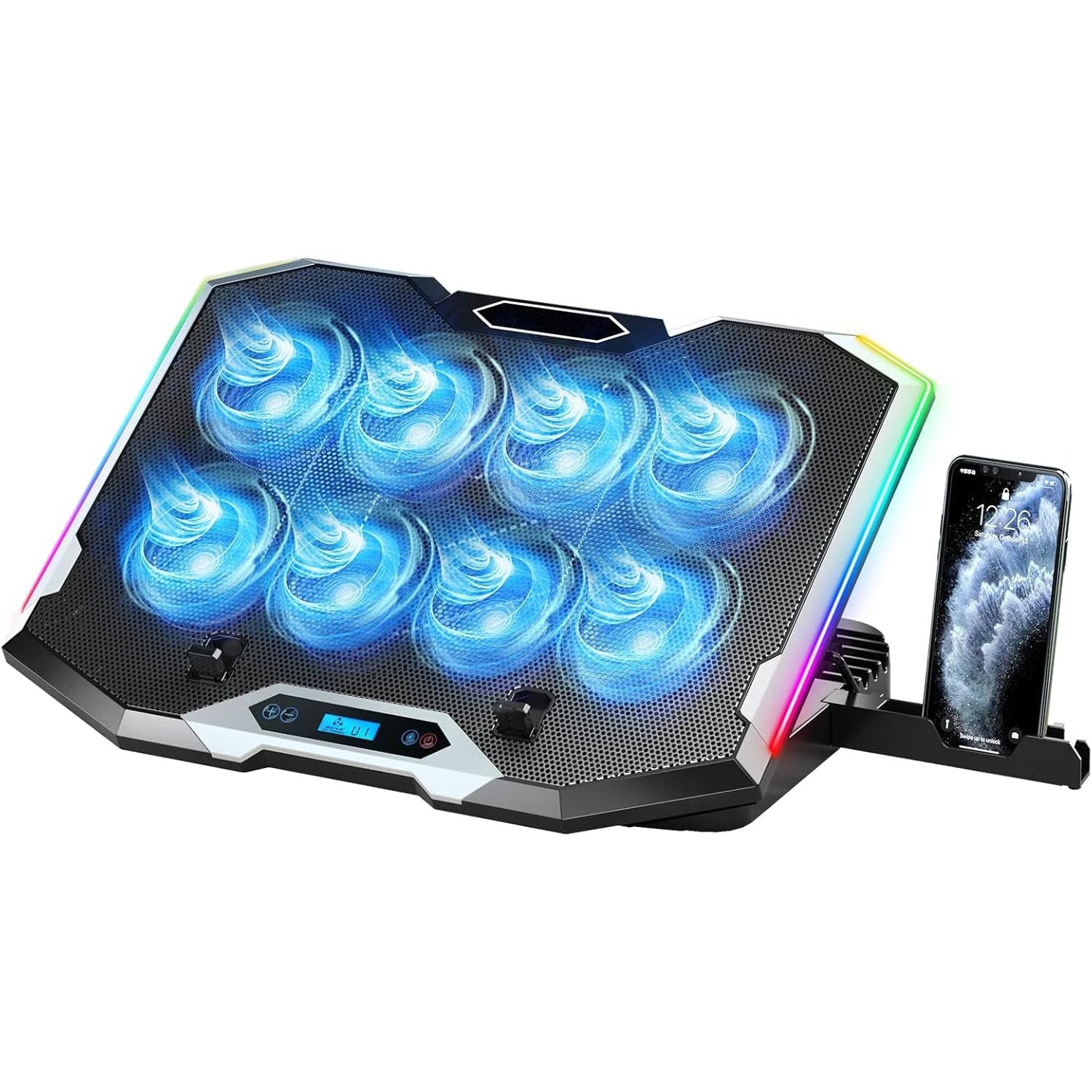 Stand De Racire pentru Laptop BeGenius® cu Suport pentru Telefon, 8 Ventilatoare ultra Silentioase, Cooler Laptop Gaming