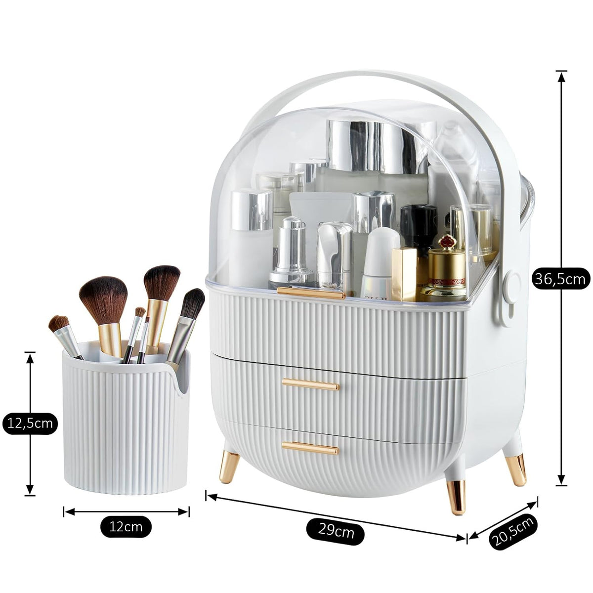 Organizator pentru cosmetice si bijuterii NextWave®, spatiu depozitare cu 2 sertare, vitrina si cutie pensule