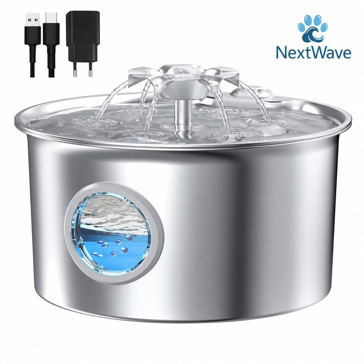 Fantana Apa Pisici si Caini NextWave®, Dispenser Automat din Otel Inoxidabil, Capacitate 2.6L, Fereastra Nivel Apa, Jet