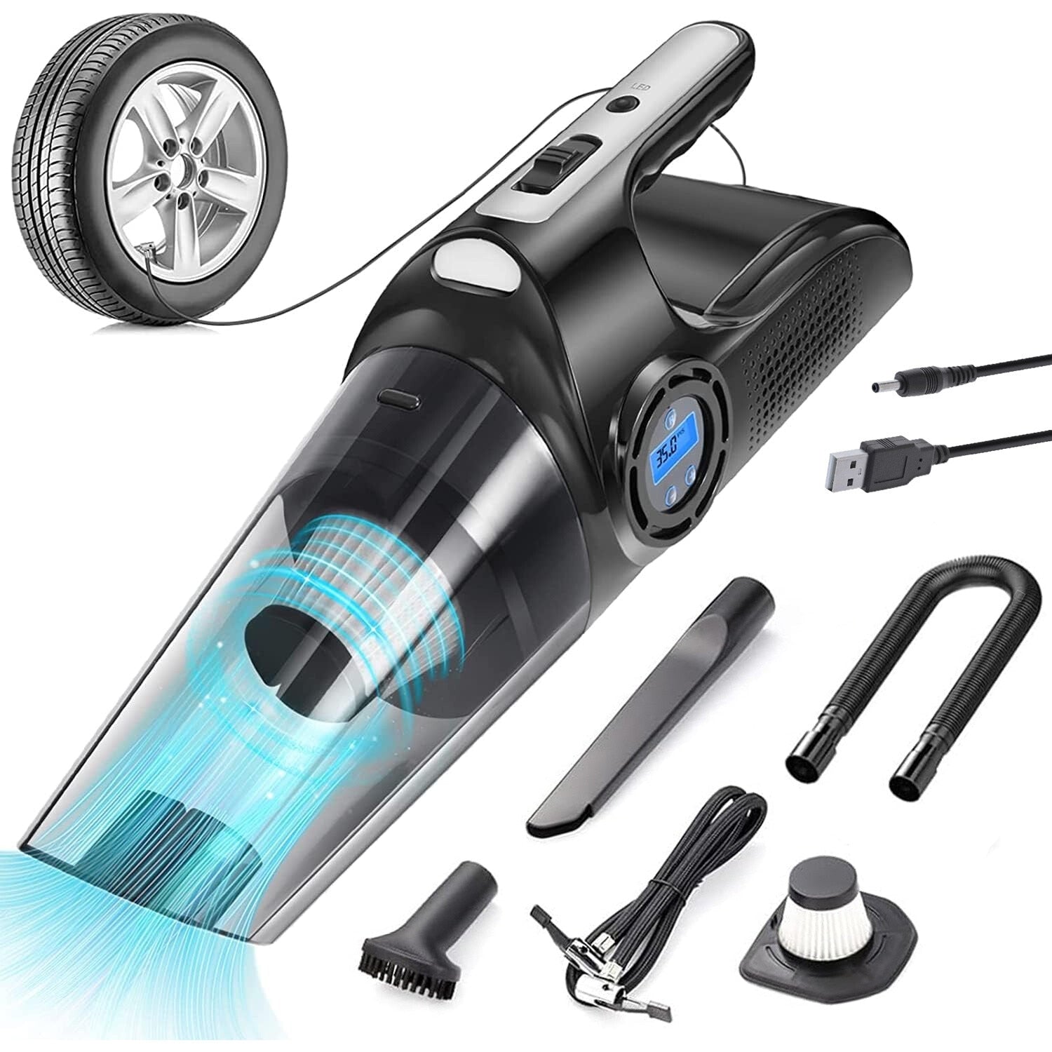 Aspirator Auto si Compresor Portabil Multifunctional cu Acumulator, Functie de Aspirare Umeda si Uscata, Umflare Roti cu