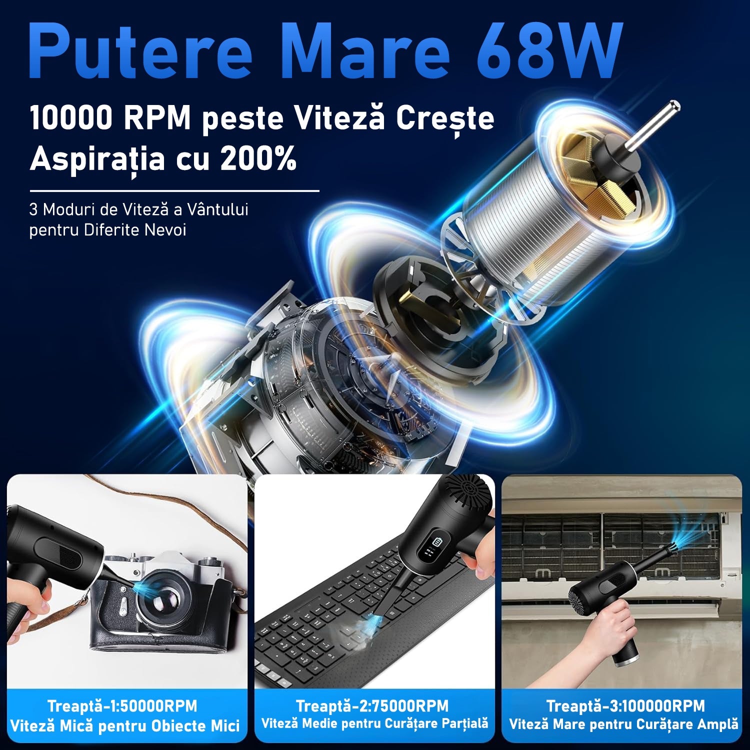 Suflanta aer si Aspirator fara Fir, 2-1 cu Acumulat, pentru Indepartare Praf PC, Par de animale, Tastatura, Gratar, Canapea