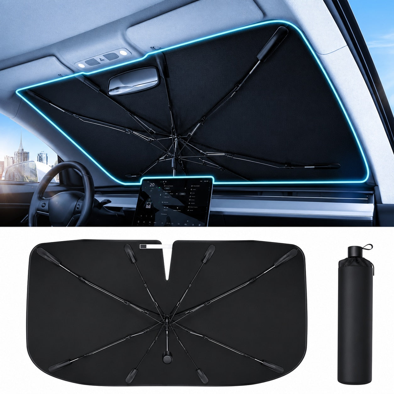 Parasolar auto NextWave® tip umbrela pentru parbriz, material reflectorizant 240T cu strat de racire, protectie UV si