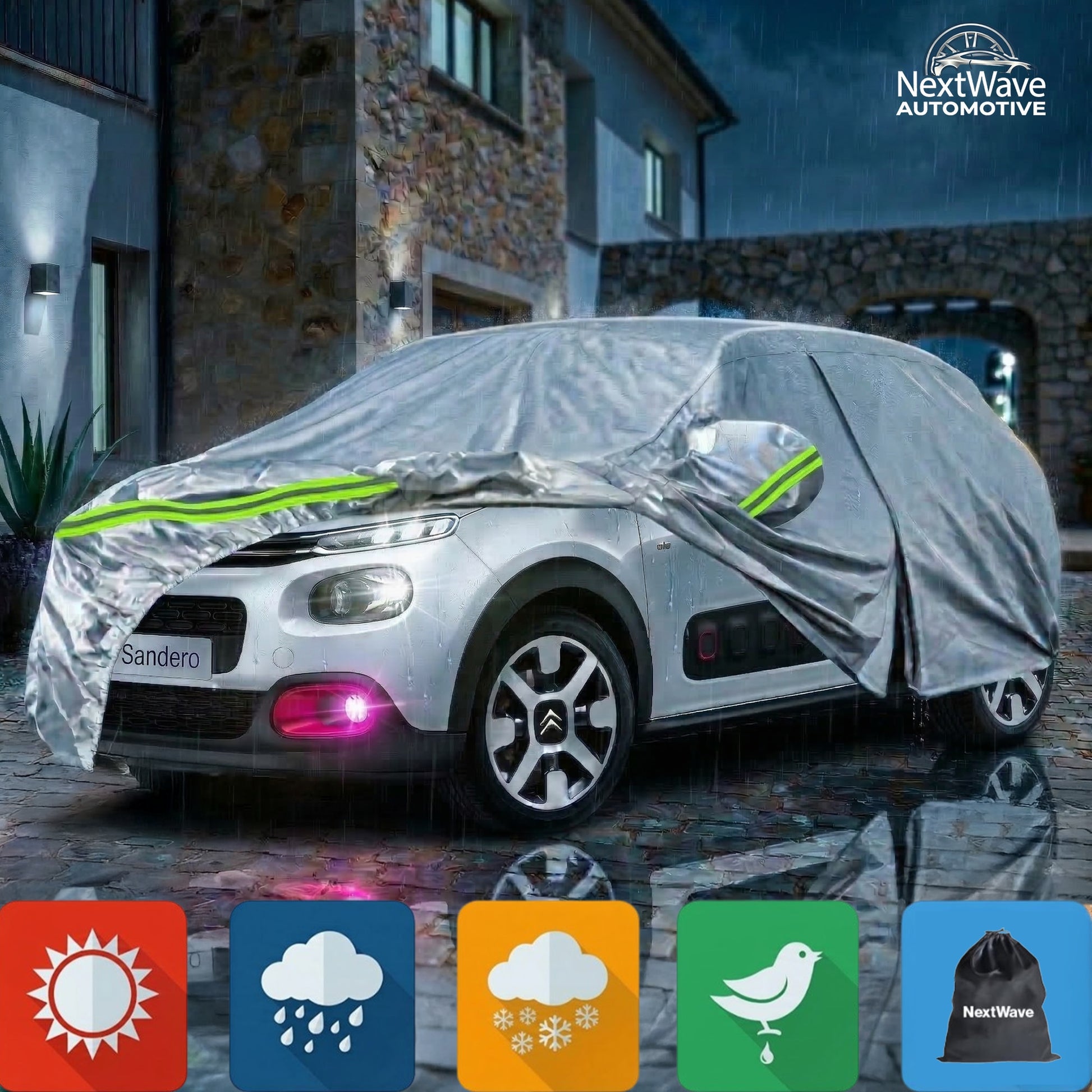 Prelata Auto Premium NextWave®️, Impermeabila, Protectie UV, Praf, Zapada, Inghet, Universala pentru Sedan, Buzunare