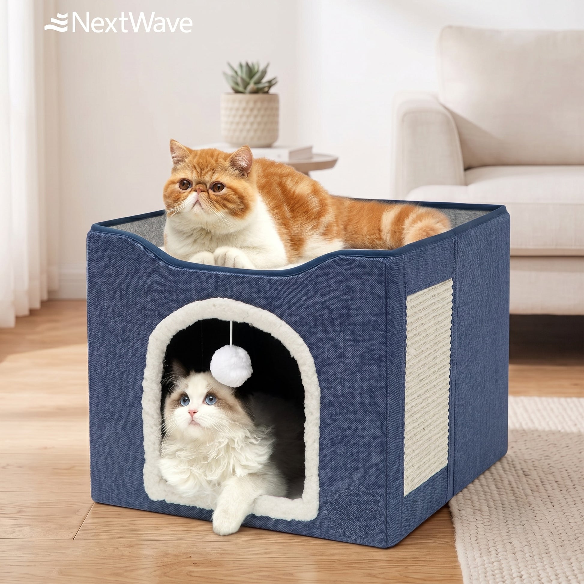 Casa pentru pisici NextWave® cu doua zone, bila pufoasa si zona de zgariat, Pliabila, Moale si pufoasa, Respirabila, Usoara