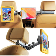 Suport auto tetiera NextWave®️, reglabil pe 3 axe pentru tablete si telefoane 4,7–11 inch, sistem metalic pliabil cu