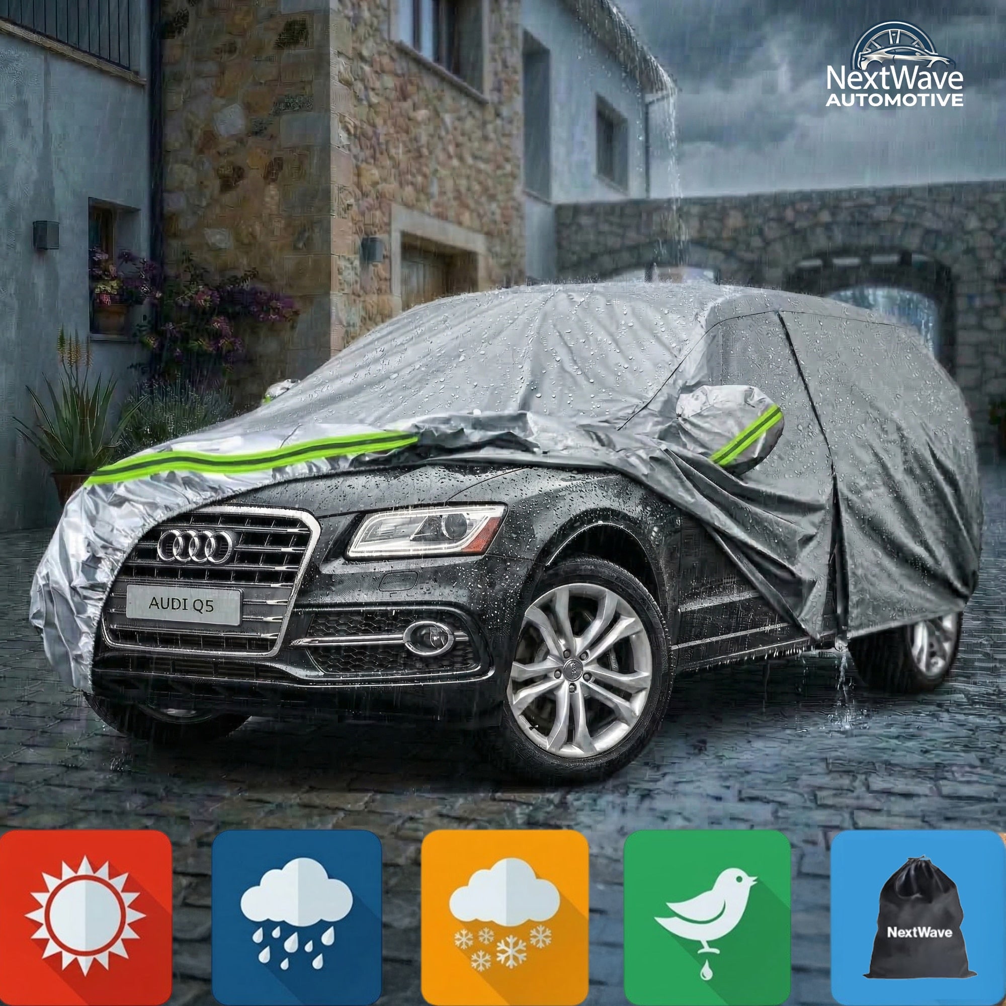 Prelata Auto Premium NextWave®️, Impermeabila, Protectie UV, Praf, Zapada, Inghet, Universala pentru SUV, Buzunare Oglinzi