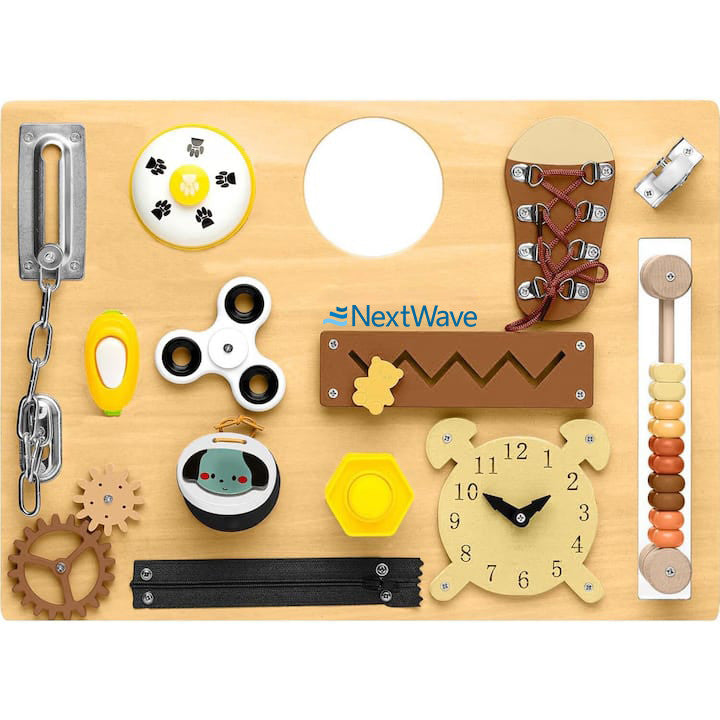 Placa senzoriala NextWave®, tabla de activitati Montessori din lemn cu 14 activitati educationale pentru invatarea