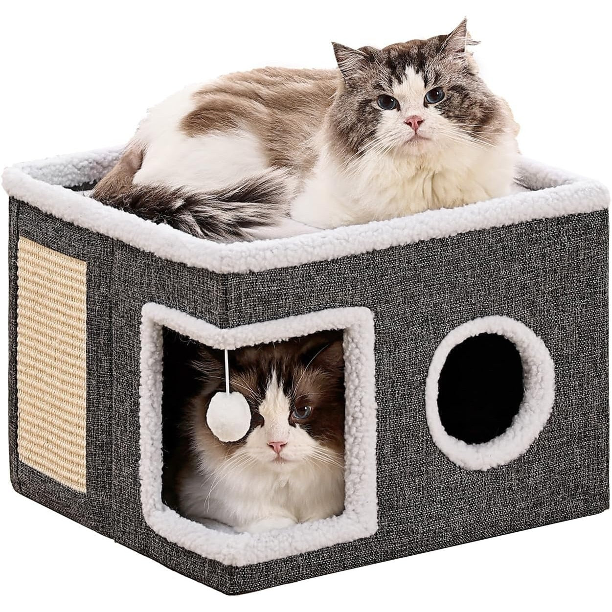 Casa Pisici NextWave®, Casuta Pliabila Tip Pestera, Pat Interior cu Platforma Superioara, Ansamblu de Zgariat Sisal, Minge