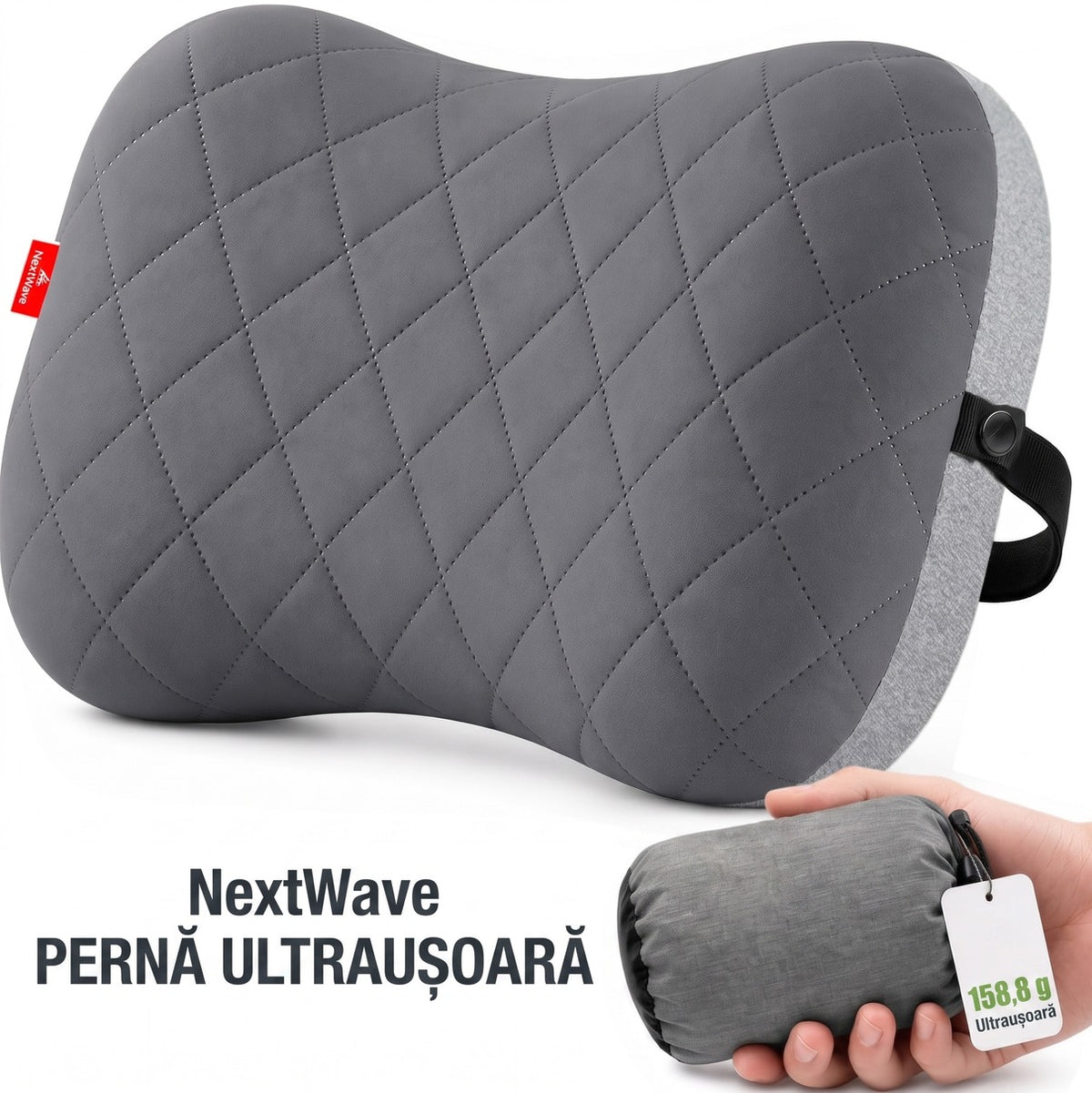 Pernă gonflabilă de camping NextWave®️, suport cervical ergonomic, supapă One-Click de umflare rapidă, bandă elastică