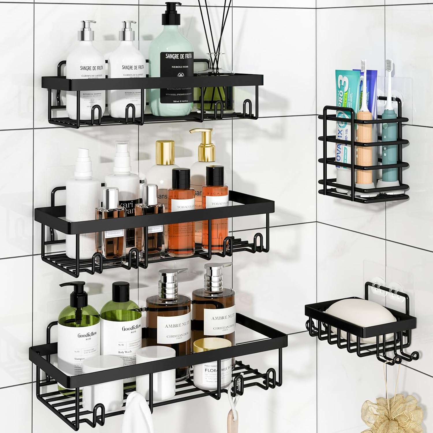 Raft de baie NextWave® la set, 5 piese cu 3 etajere pentru dus, 1 suport pentru sapun si 1 suport pentru periute de dinti
