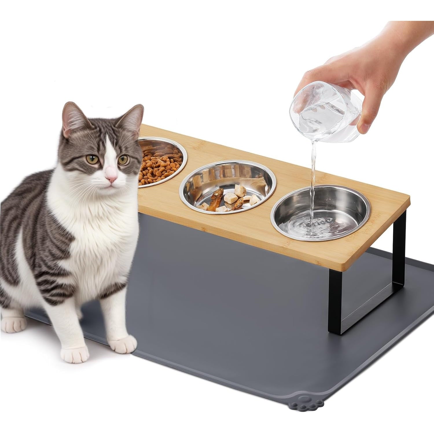 Set 3 boluri inaltate pentru pisici NextWave®️, suport inclinat la 15° anti-voma, 3 recipiente detasabile si covoras