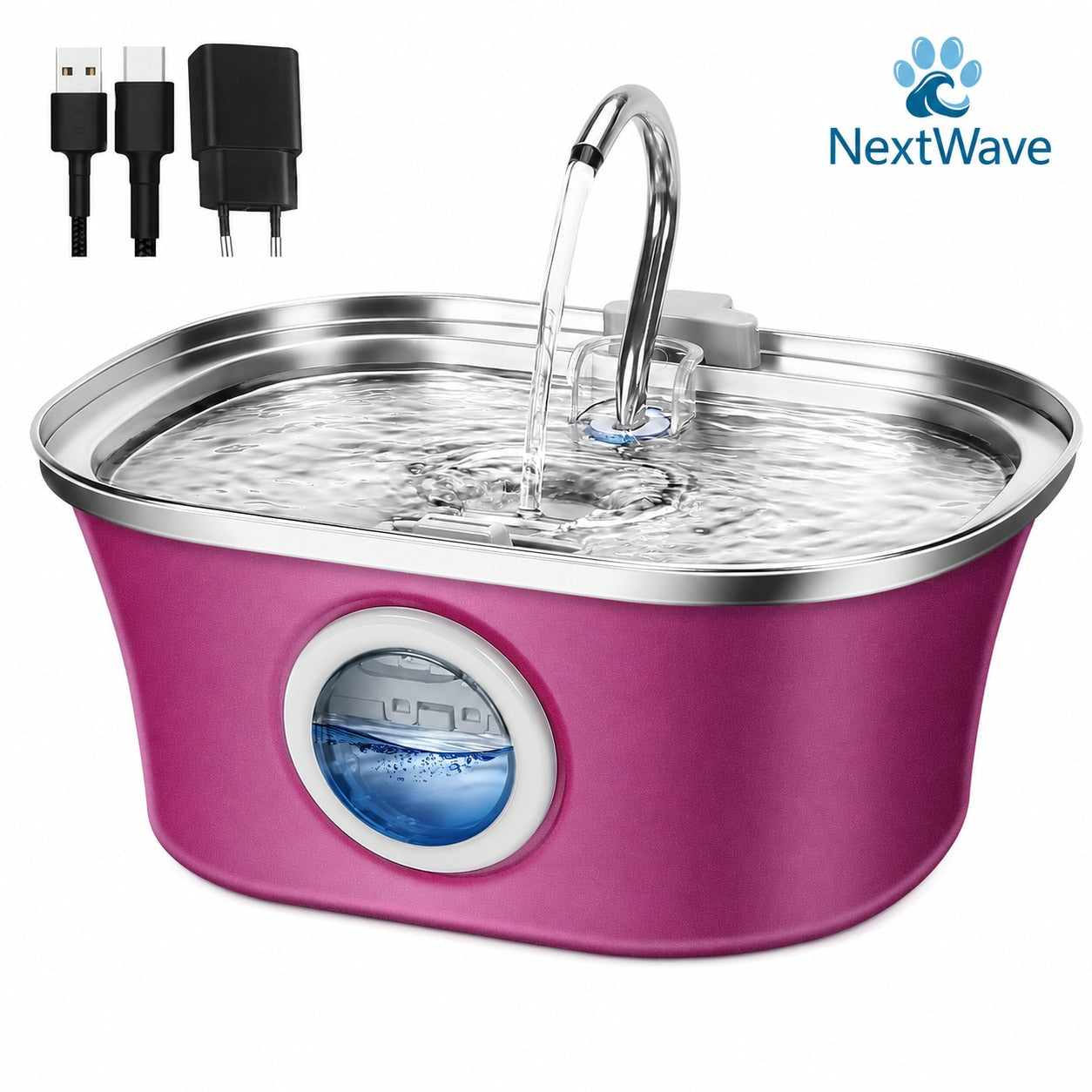 Fantana Apa Pisici si Caini NextWave®, Dispenser Automat cu fereastra mare pentru nivelul apei, purificare si filtrare prin