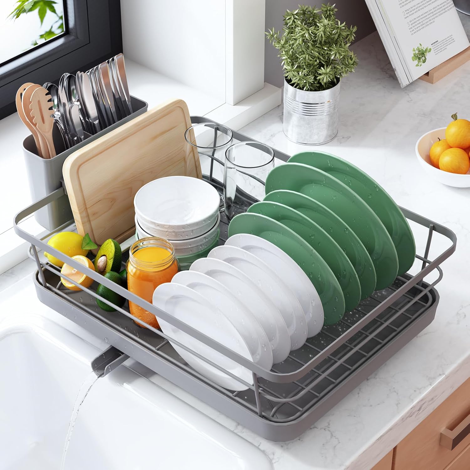 Scurgator de vase NextWave®️, pentru economisire spatiu pe blat si scurgere automata, cu jgheab rotativ si suport detasabil