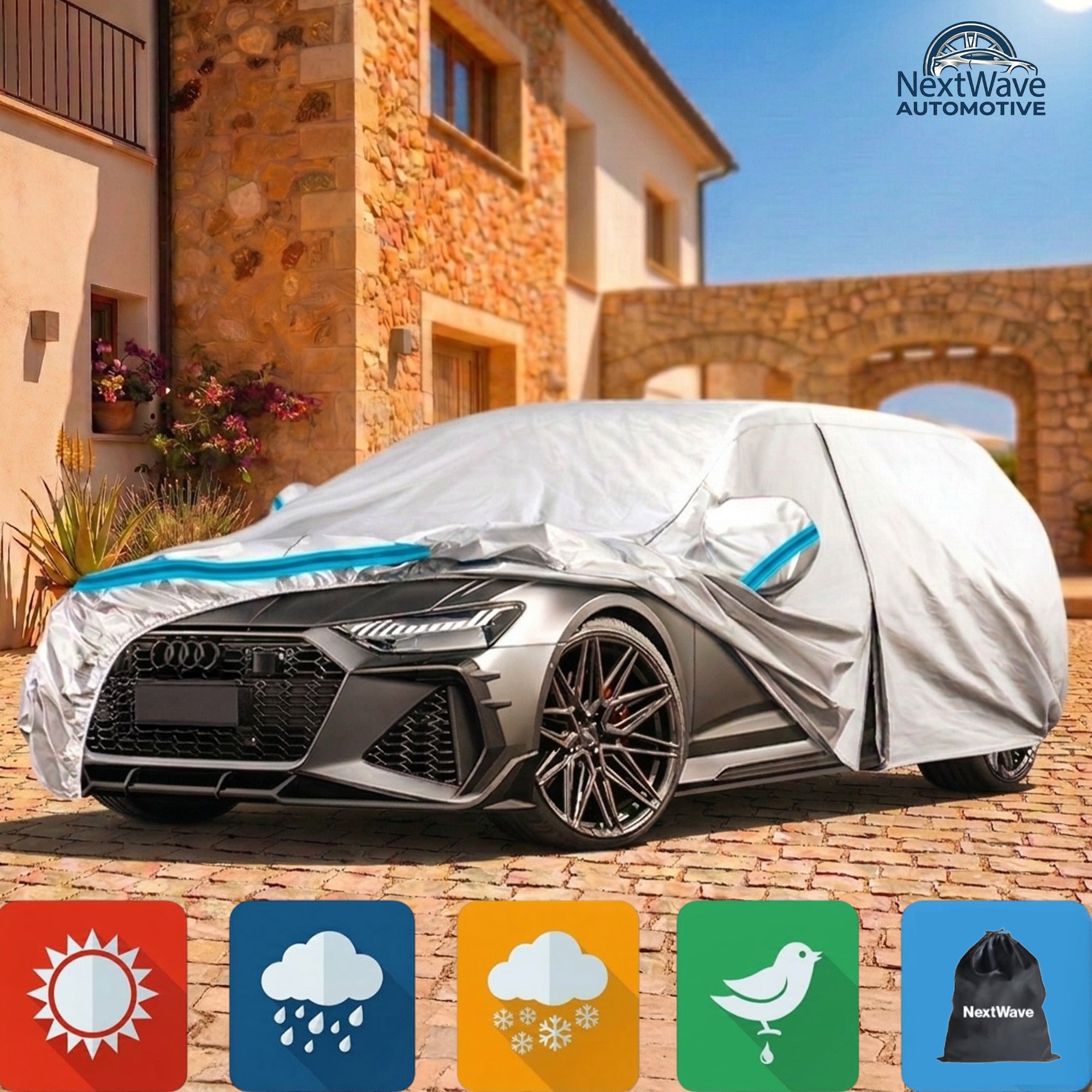 Prelata Auto Premium NextWave®️, Impermeabila, Protectie UV, Praf, Zapada, Inghet, Universala pentru Break, Buzunare