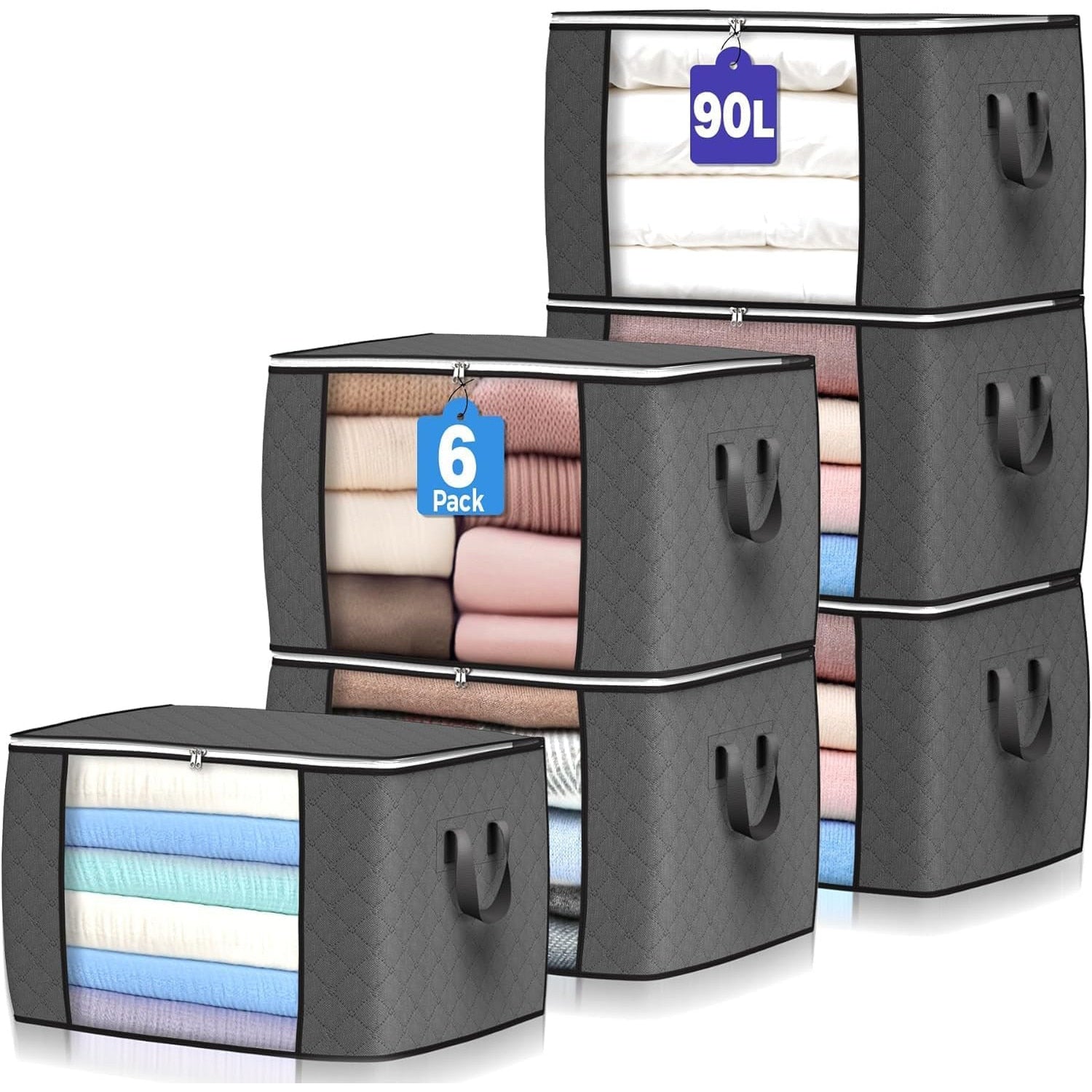 Set 6 huse depozitare cu fermoar NextWave®️, Organizator pentru haine, Cu fereastra transparenta, Rezistent la praf si