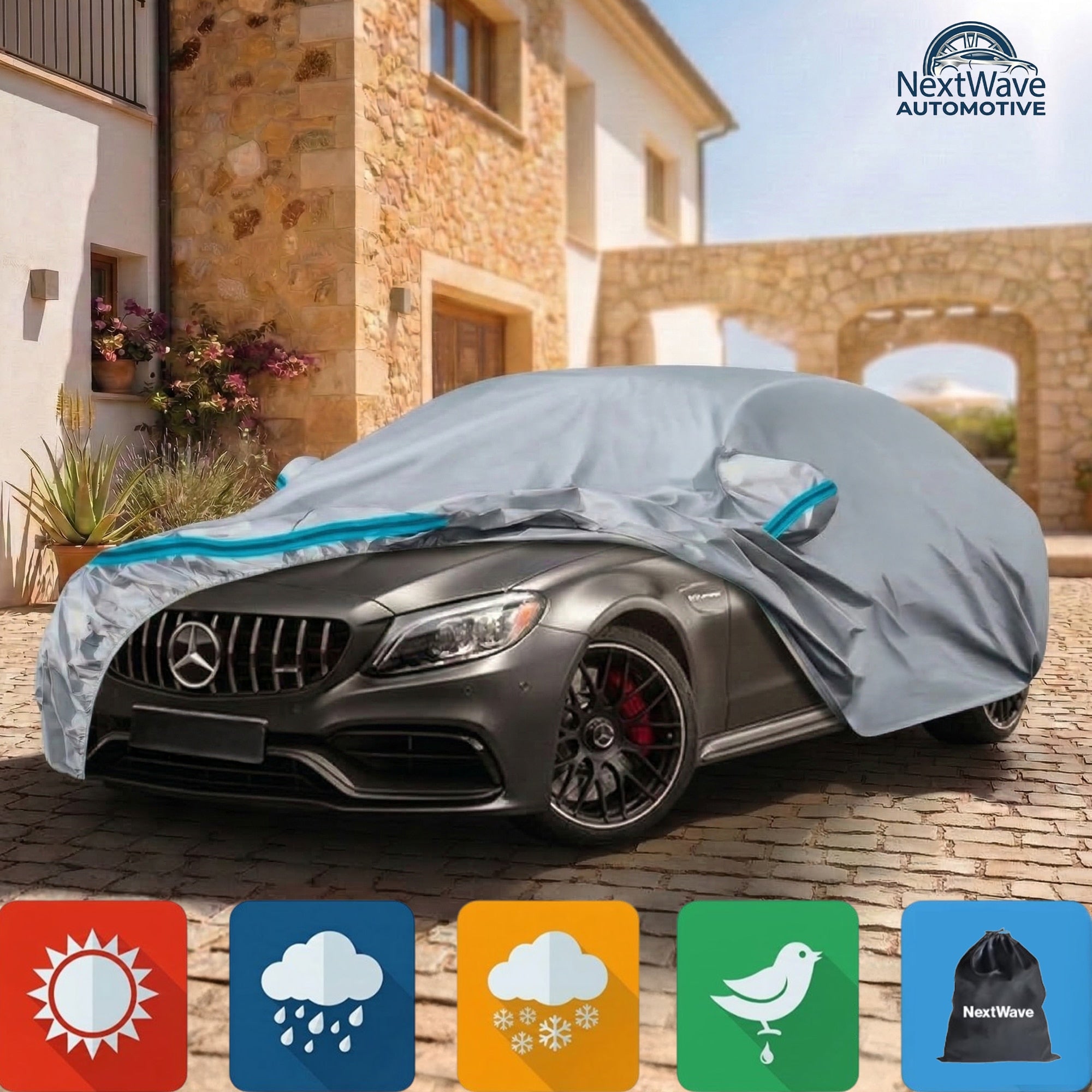 Prelata Auto Premium NextWave®️, Impermeabila, Protectie UV, Praf, Zapada, Inghet, Universala pentru Sedan, Buzunare