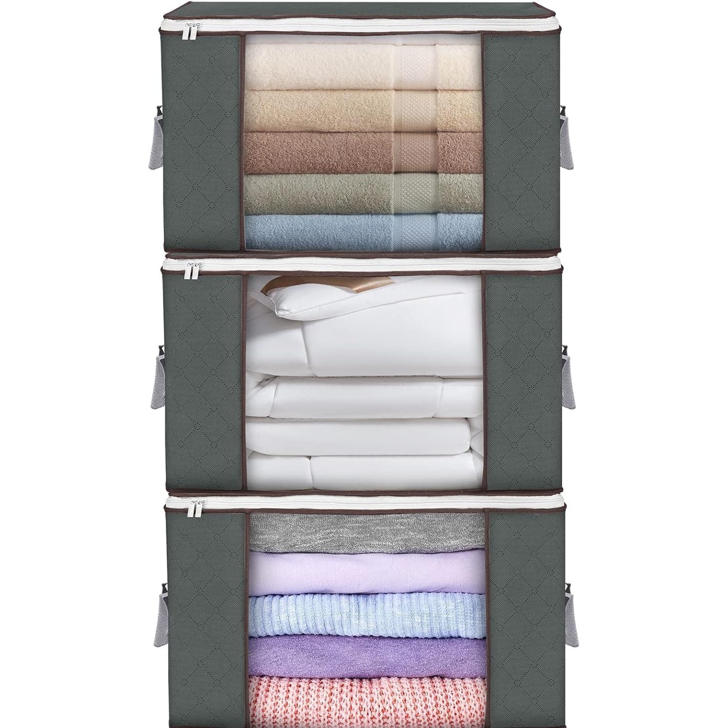 Set 3 huse depozitare cu fermoar NextWave®️, Organizator pentru haine, Cu fereastra transparenta, Rezistent la praf si