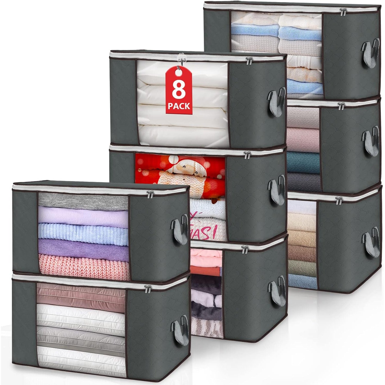 Set 8 huse depozitare cu fermoar NextWave®️, Organizator pentru haine, Cu fereastra transparenta, Rezistent la praf si