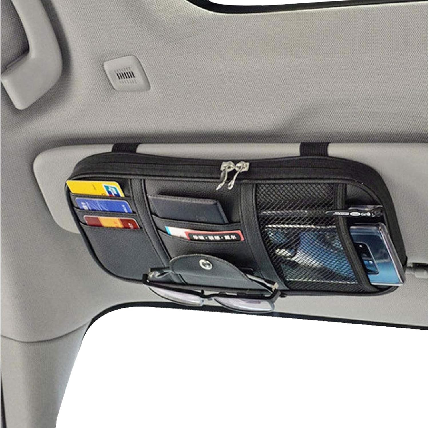 Organizator parasolar auto NextWave® din piele ecologica PU, 7 compartimente, buzunar cu fermoar, buzunar mesh, 5 sloturi
