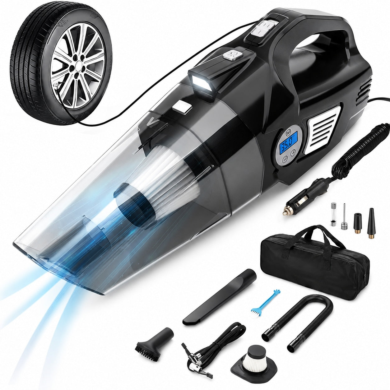 Aspirator Auto Multifunctional NextWave si Compresor Portabil cu Fir, Aspirare Rapida, Umflare Anvelope cu Afisaj pentru