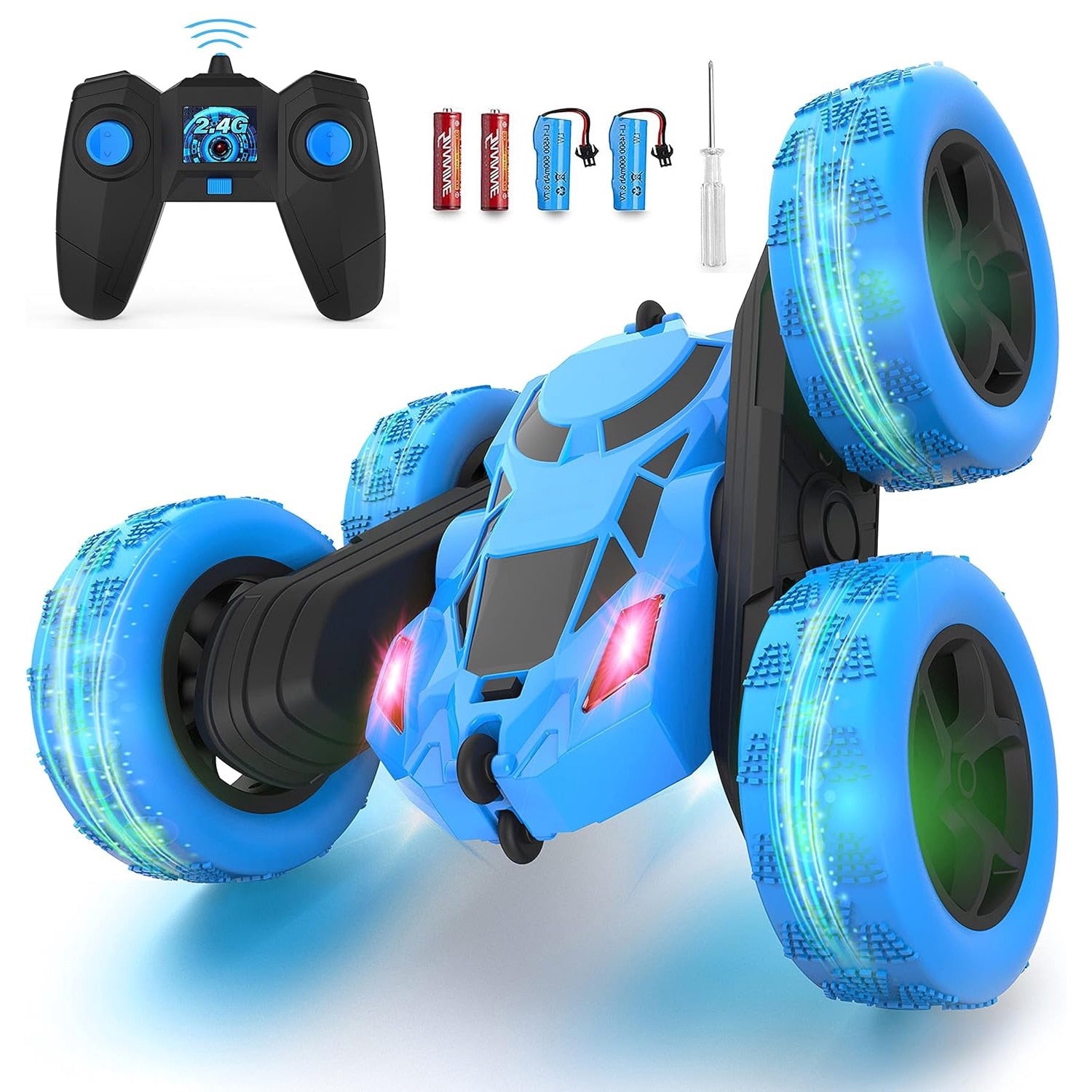 Masina cu telecomanda RC, Fata dubla cu rotire 360°, traciune 4WD, lumini LED, frecventa 2.4GHz, cauciucuri offroad, 2