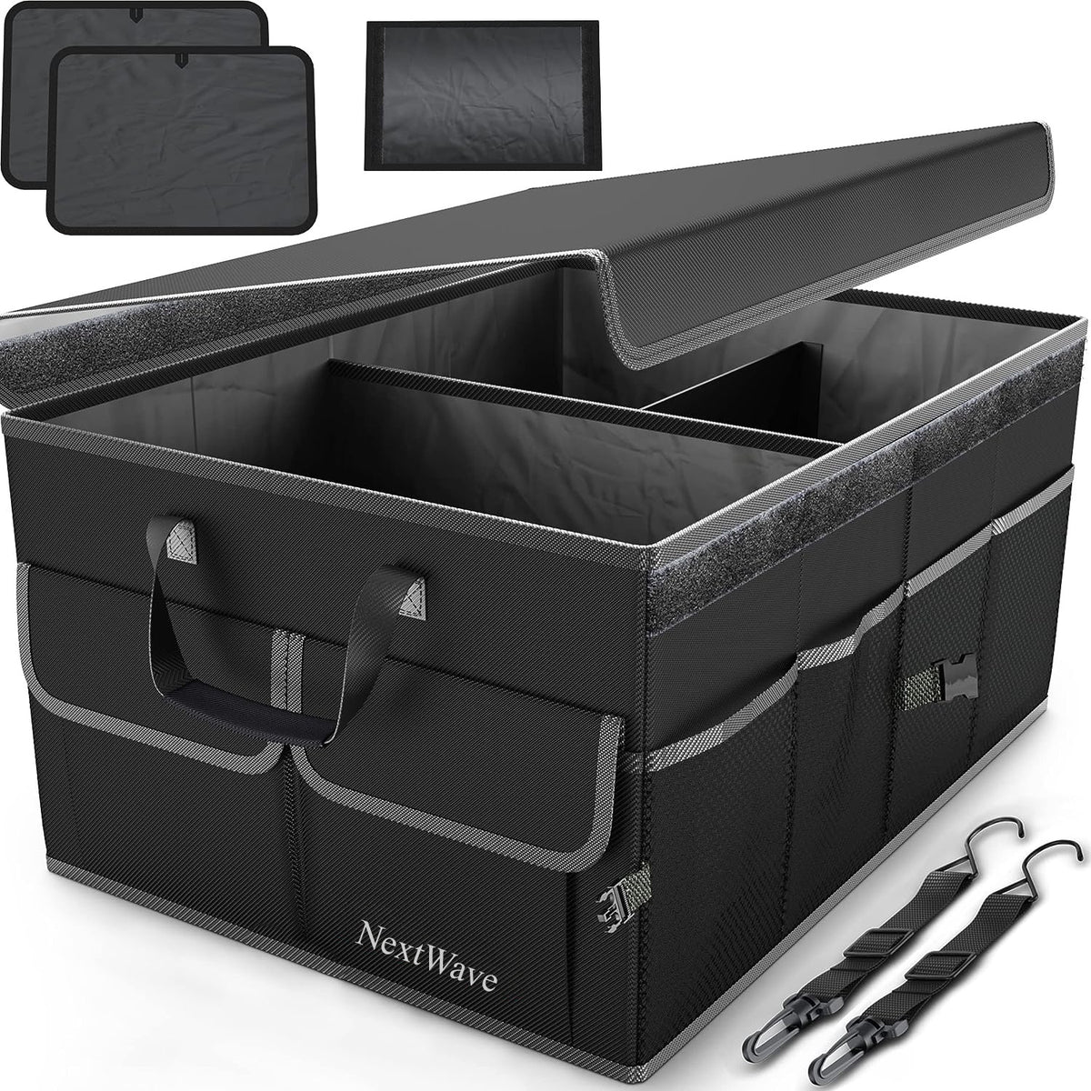 Organizator portbagaj auto NextWave®️ cu chingi de ancorare si capac, Multifunctional, Pliabil, 9 compartimente, Capacitate