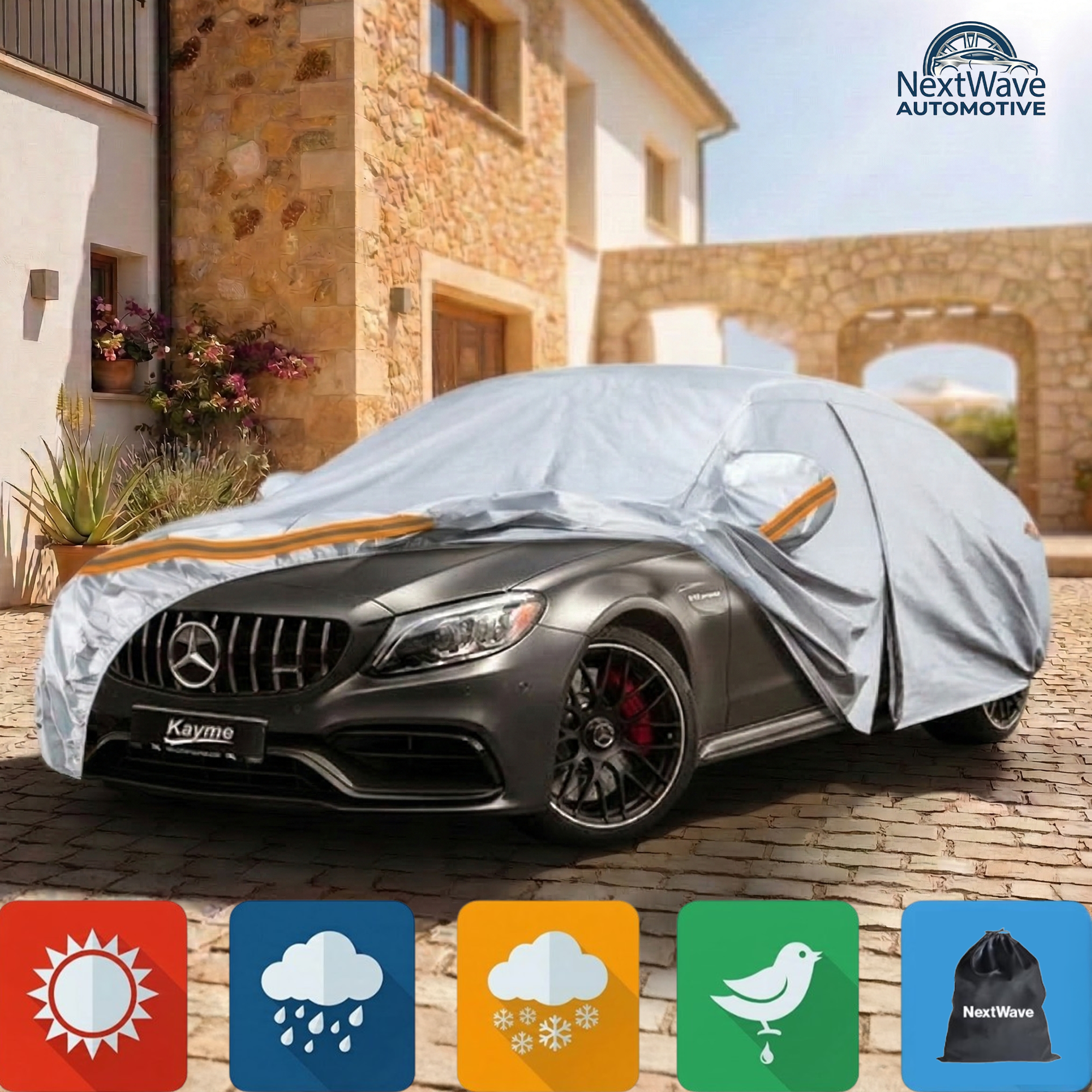 Prelata Auto Premium NextWave®️, Impermeabila, Protectie UV, Praf, Zapada, Inghet, Universala pentru Sedan, Buzunare