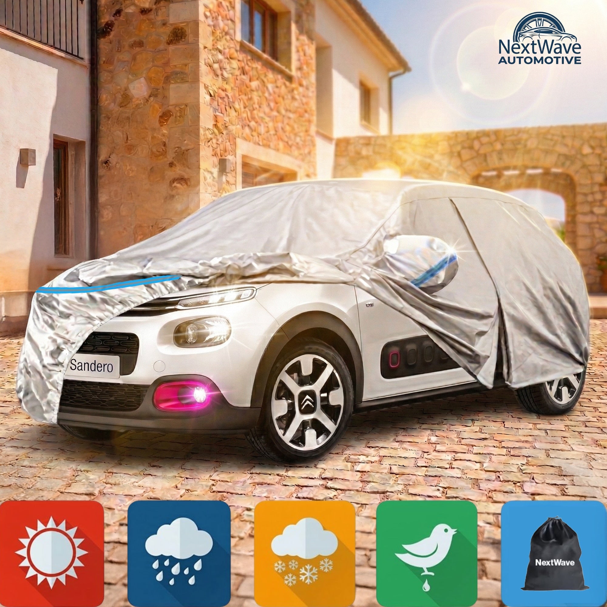 Prelata Auto Premium NextWave®️, Impermeabila, Protectie UV, Praf, Zapada, Inghet, Universala pentru Sedan, Buzunare