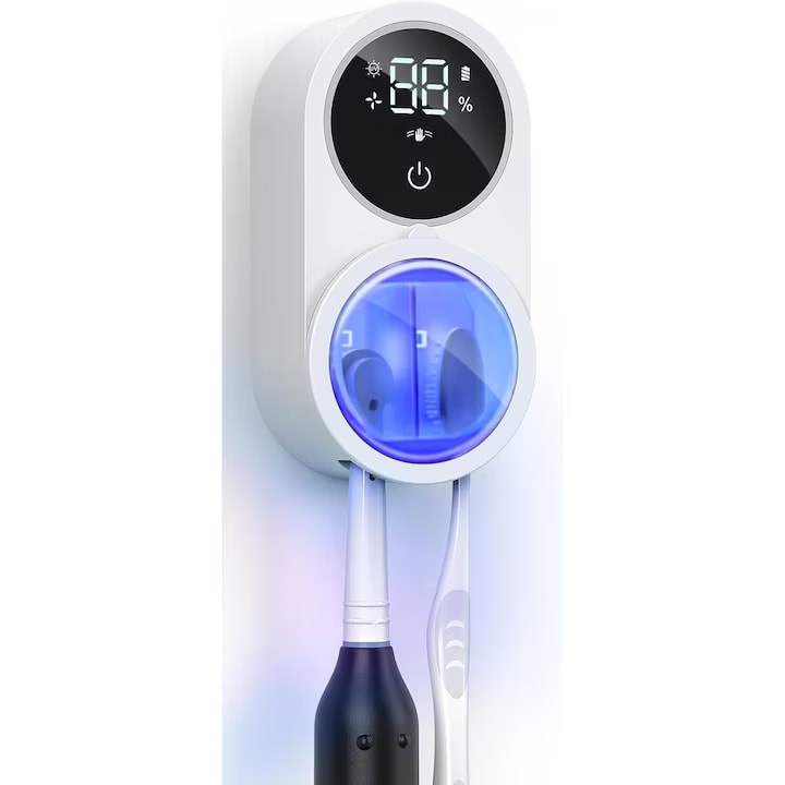Sterilizator UV Portabil pentru 2 Periute de Dinti BeGenius ®, Suport Periute Dinti Inteligent cu Functie de Uscare, Senzor