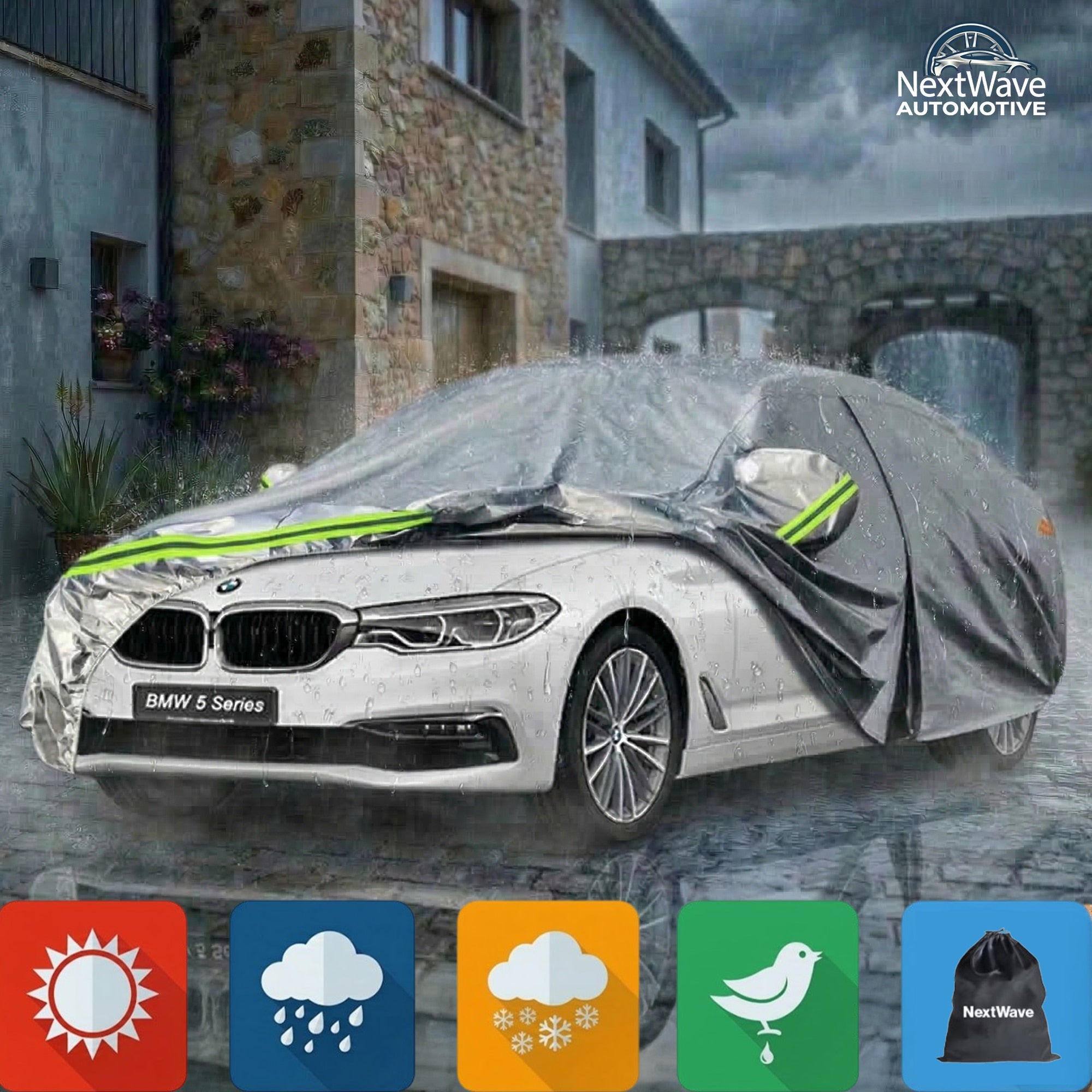 Prelata Auto NextWave, universala, impermeabila, 500x200x150cm, cu buzunare oglinzi si fermoar usa sofer