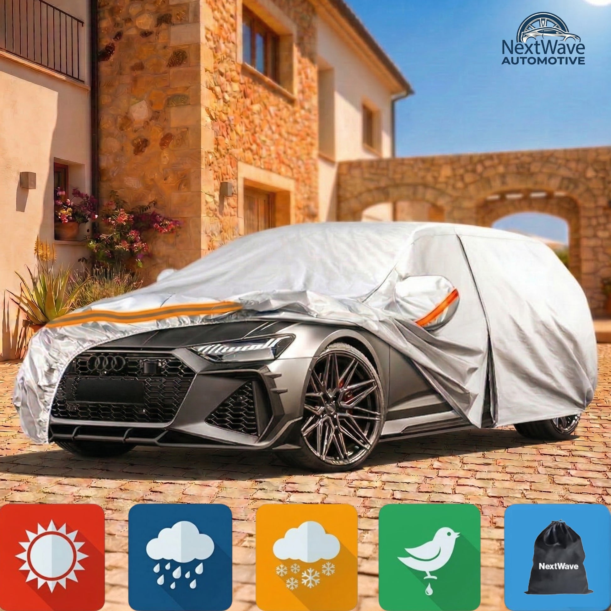 Prelata Auto Premium NextWave®️, Impermeabila, Protectie UV, Praf, Zapada, Inghet, Universala pentru Break, Buzunare