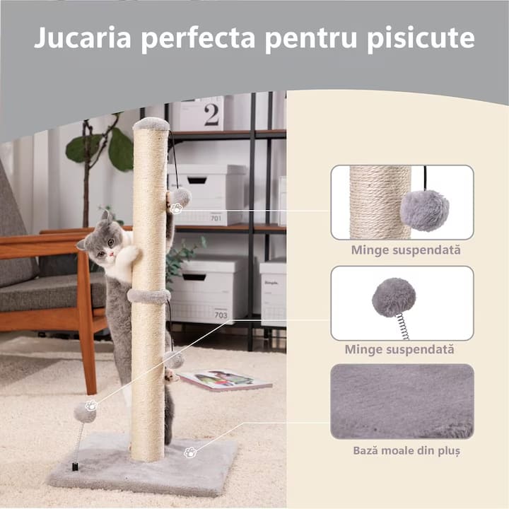 Ansamblu de joaca pentru pisici adulte sau pui, stalp pentru ascutit ghearelor, 2 bile suspendate, confectionat din sisan