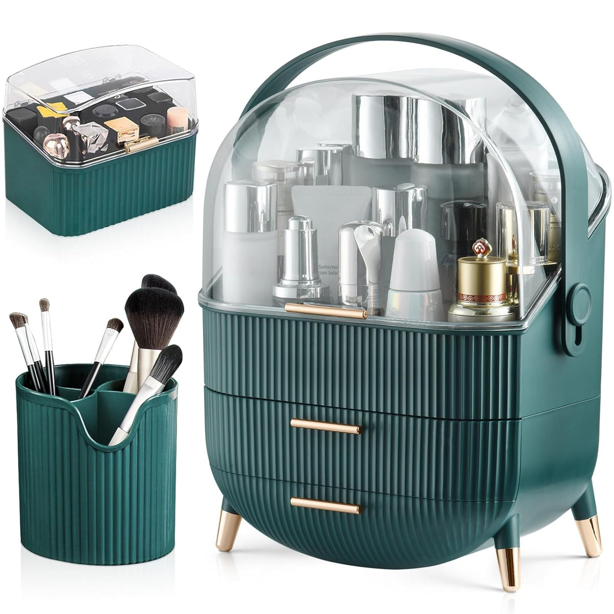Organizator pentru cosmetice si bijuterii NextWave®, spatiu depozitare cu 2 sertare, vitrina, cutie pensule si rujuri