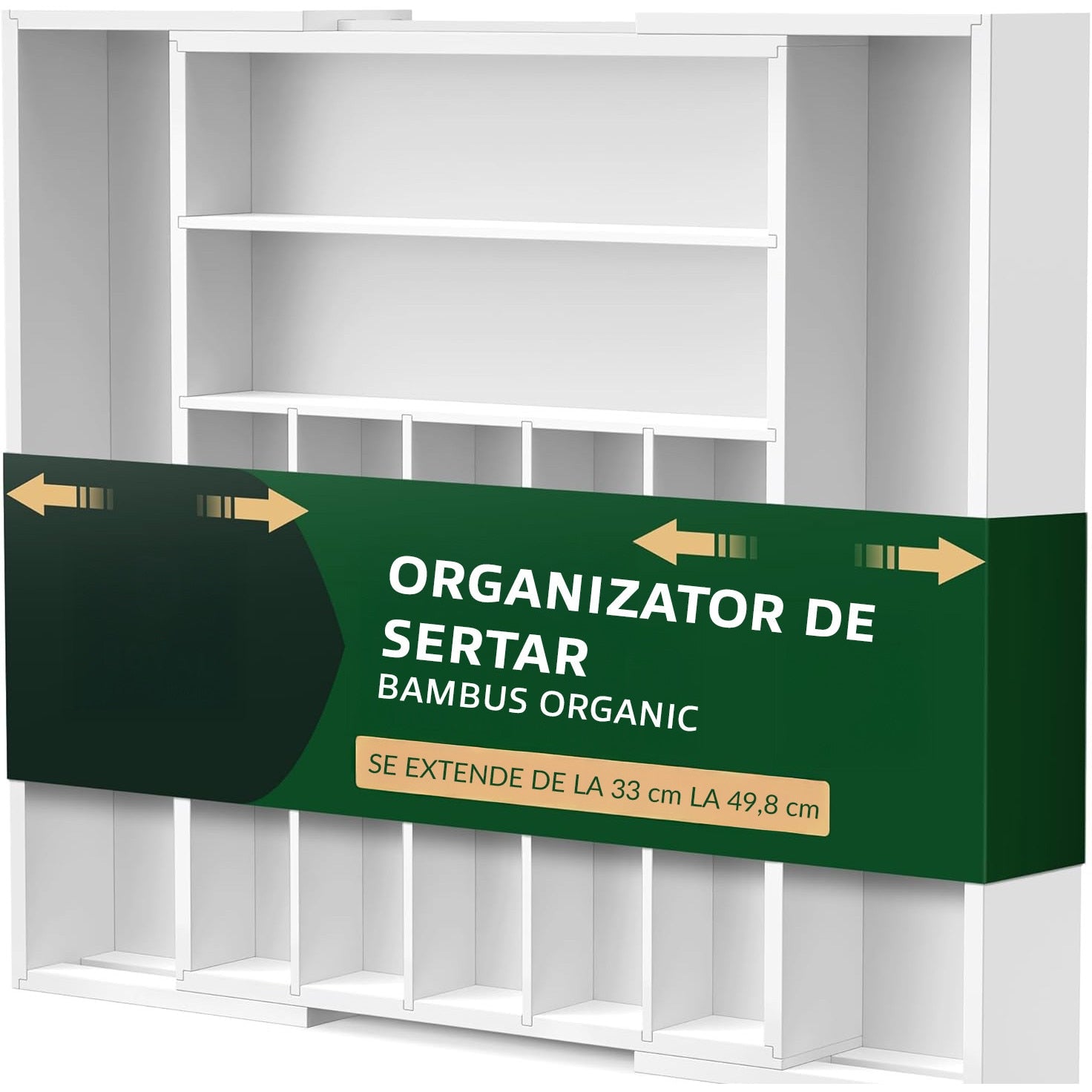 Organizator extensibil pentru tacamuri si ustensile NextWave® – bambus natural lacuit, finisaj negru elegant, 9